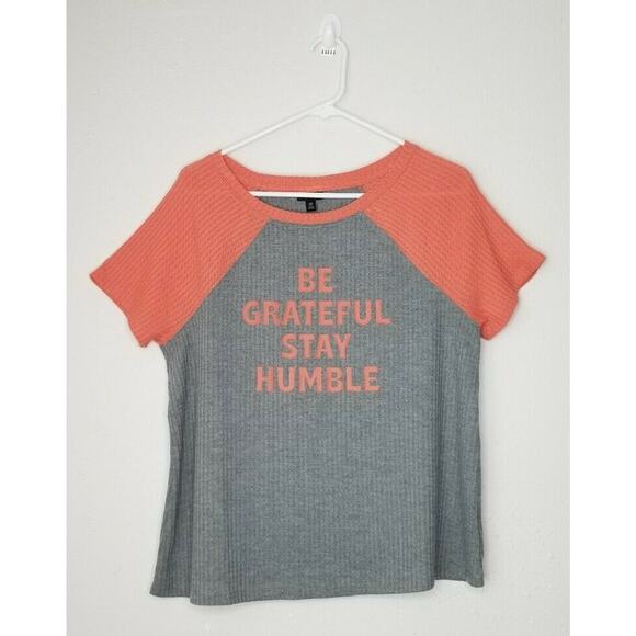 Torrid "Be Grateful Stay Humble" Grey & Hot Coral Waffle Knit Tee Size M/L - Picture 1 of 7